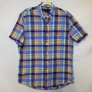 US Polo Assn Button Blue Down Blue Short Sleeve Shirt Pony‎ Logo Size Medium